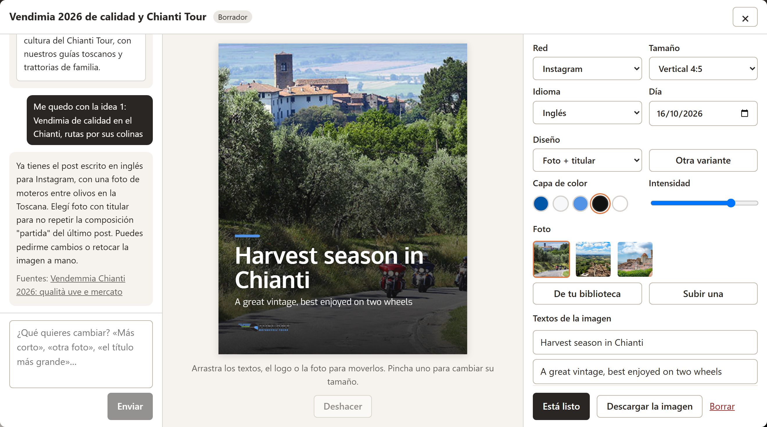 Ventana de un post de Comunicación: a la izquierda el chat con la IA, en el centro el post «Harvest season in Chianti» con una foto de moteros entre olivos y a la derecha la red, el tamaño, el diseño y las fotos